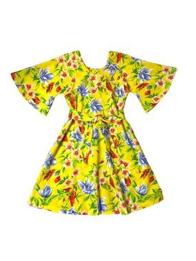 Vtg 80’s Two Potato Laguna Beach Floral Butterfly Yellow Dress Bell Sleeves Sz M